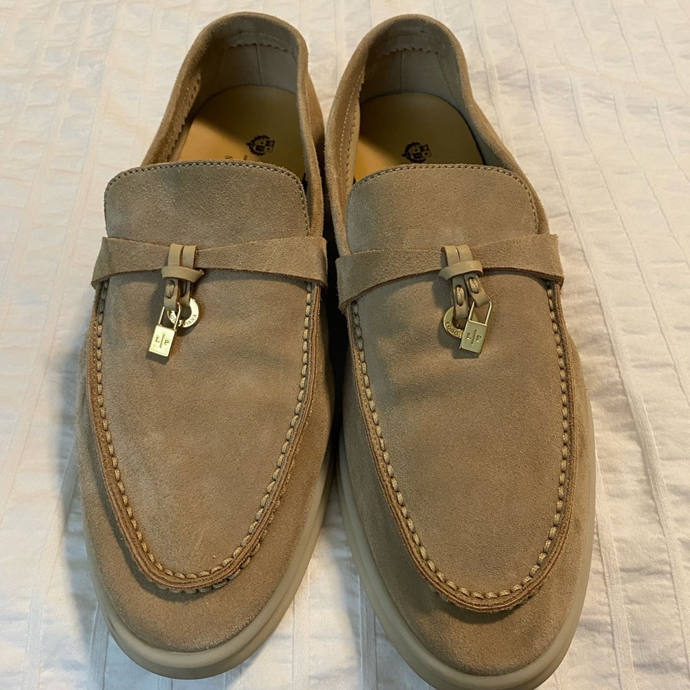 Loro Piana Tan Suede Summer Walk Loafers with Gold Hardware size 38
